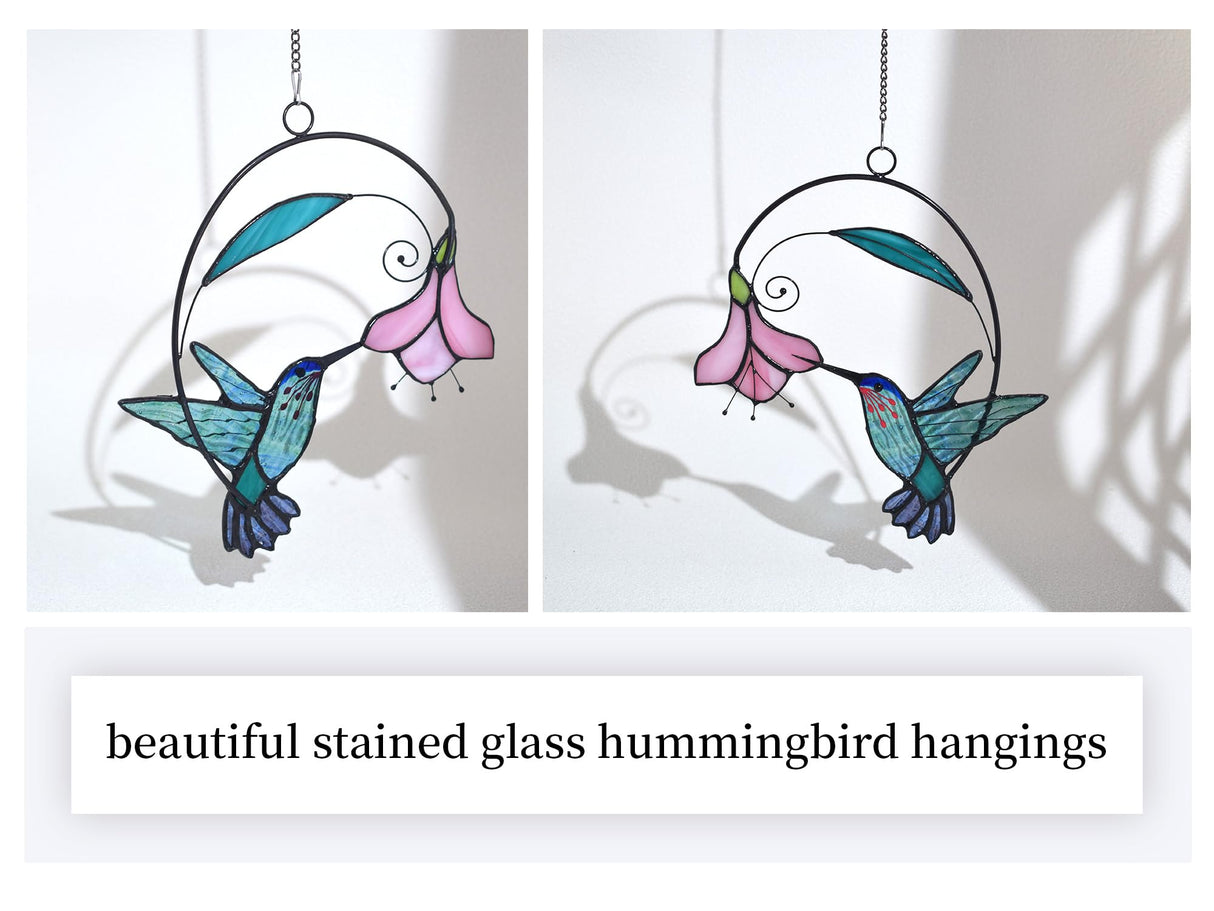 Lolitarcrafts Stained Glass Hummingbird Window Hangings with Flowers, Bird Stained Glass Suncatcher for Window Decor Hummingbird Gifts for Mom,Bird Lovers (Blue with Flower A)
