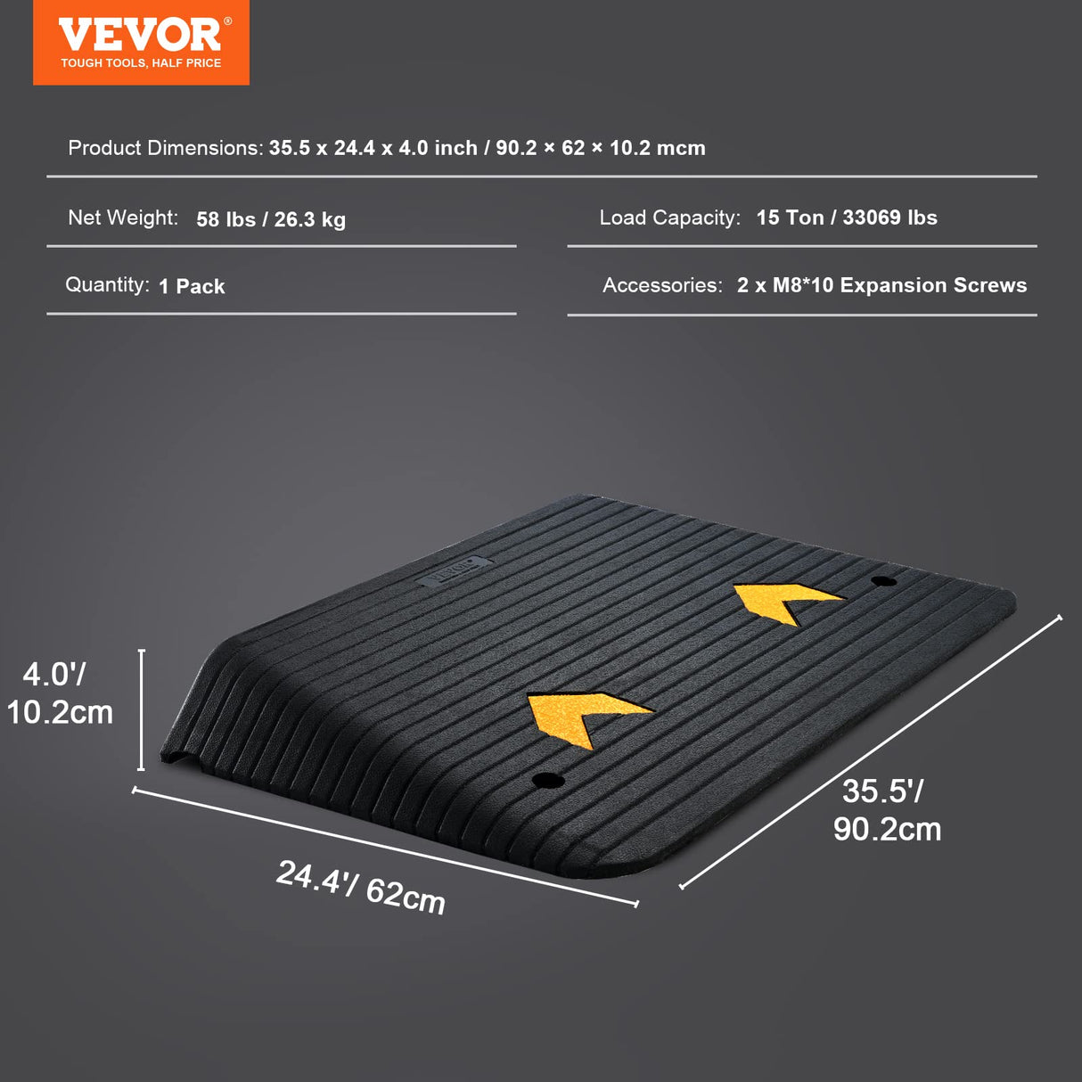 VEVOR 4" Rise Rubber Threshold Ramp for Doorway,Door Ramp with Non-Slip Textured Surface,33069lbs Load Capacity, Rubber Curb Ramp for Wheelchair and Scooter