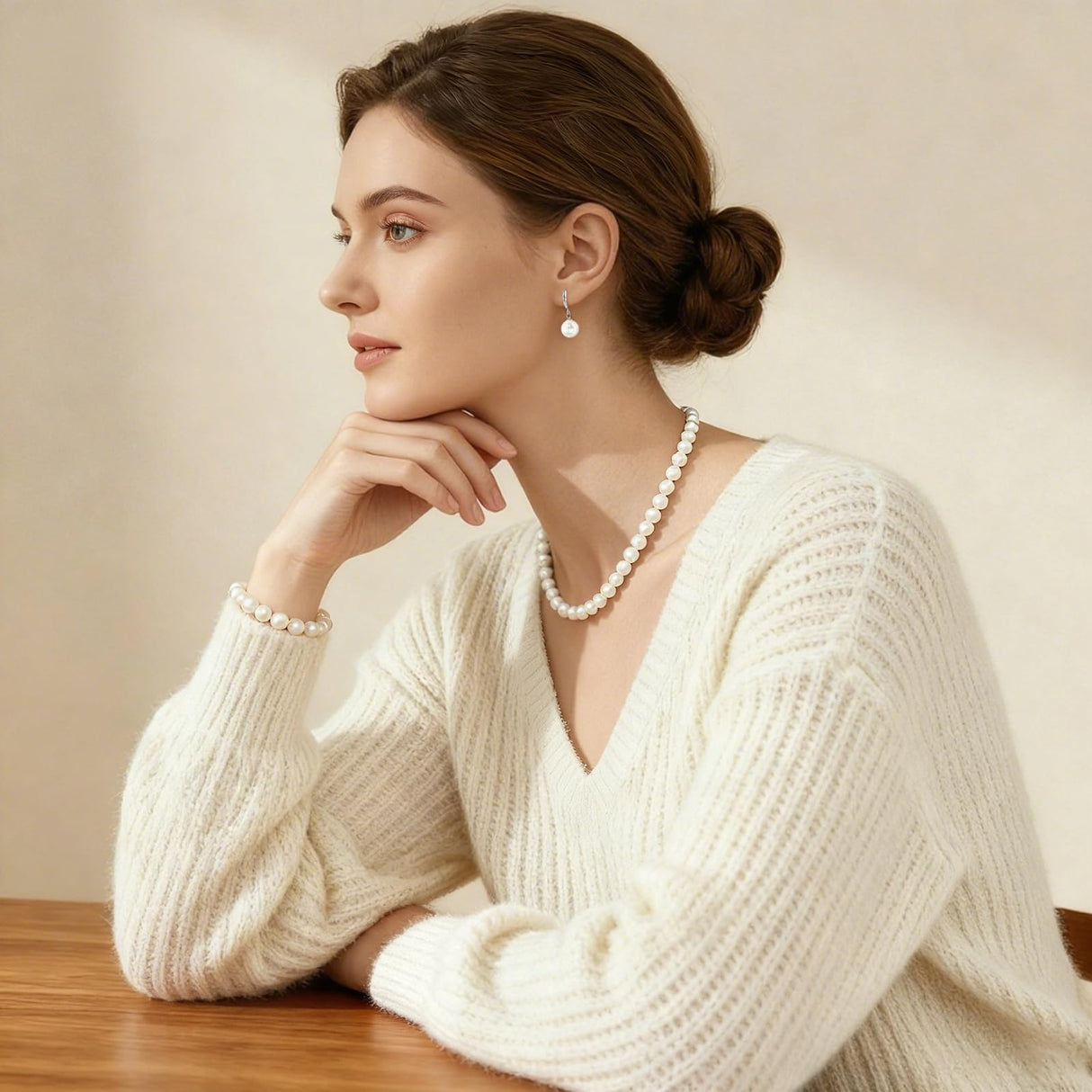Pearl Necklace Set, featuring an exquisite bracelet, stud earrings, and necklace. This pearl necklace, bracelet, and ring ensemble radiates elegant charm, effortlessly elevating the sophistication of everyday attire. Perfect for weddings, banquets, or bir