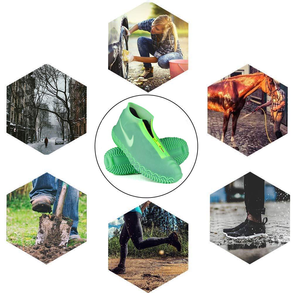 Shiwely Waterproof Shoe Covers, Silicone Reusable Shoe Cover Non-slip Durable Zipper Elastic Rain Cover Protection for Men Women (XL (Women 11-13, Men 9.5-13), Green)