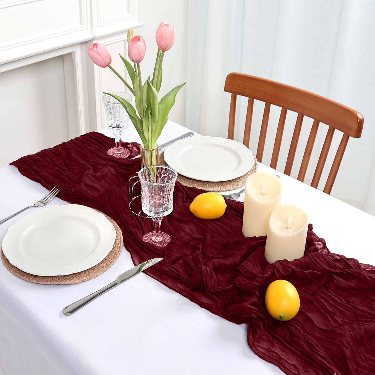 pepmily 8 Pack Burgundy Cheesecloth Christmas Table Runner 10ft Boho Gauze Fabric 120 Inch Cheese Cloth Table Runner Rustic Sheer for Thanksgiving Wedding Decor Party Table Centerpiece Decoration