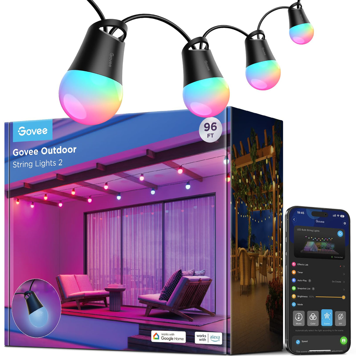 Govee Smart Outdoor String Lights 2, 96ft RGBIC Outdoor Lights with Dimmable Warm White LED Bulbs, 47 Scene Modes for Patio, Backyard, IP65 Waterproof, Compatible with Alexa, App Control