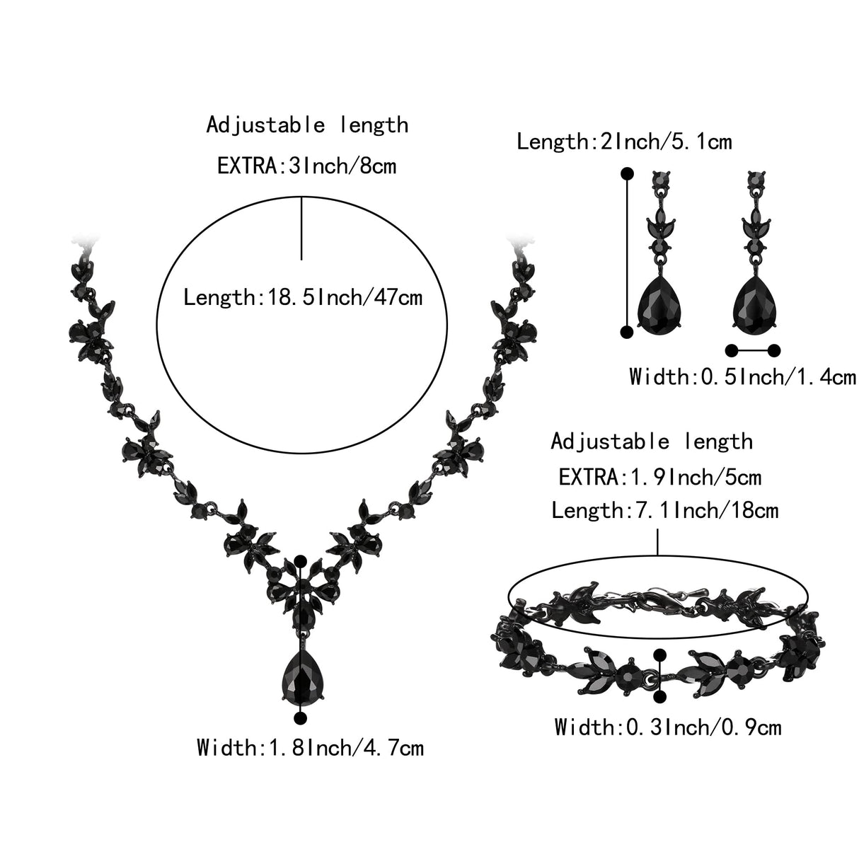 BriLove Wedding Jewelry Set for Women Bride, Y-Necklace Tennis Bracelet Dangle Earrings Set Crystal Teardrop Marquise Cluster Jewelry for Bridal Bridesmaid Black Black-Tone