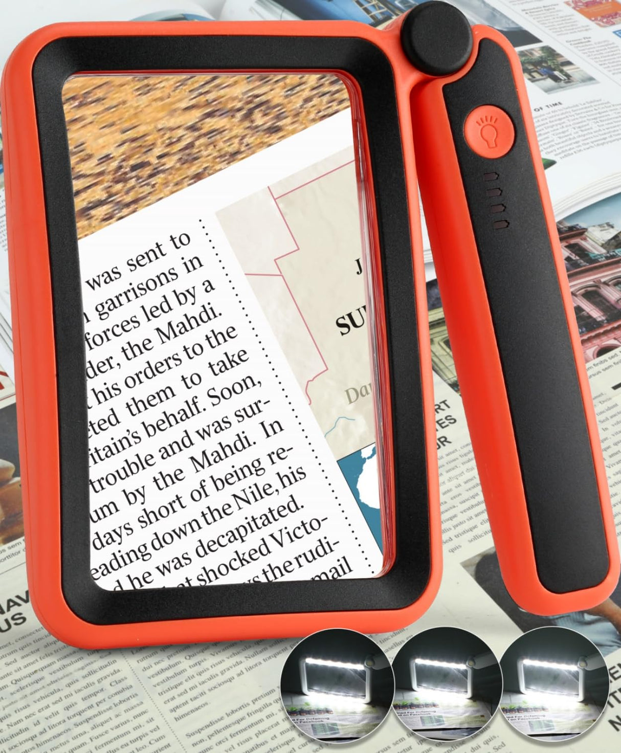 Magnifying Glass for Reading, Rechargeable 5X Large Page Magnifier with Light, Folding Handheld Dimmable Rectangle Lighted Magnifier for Reading Book Small Print for Seniors Low Vision, Orange-Black