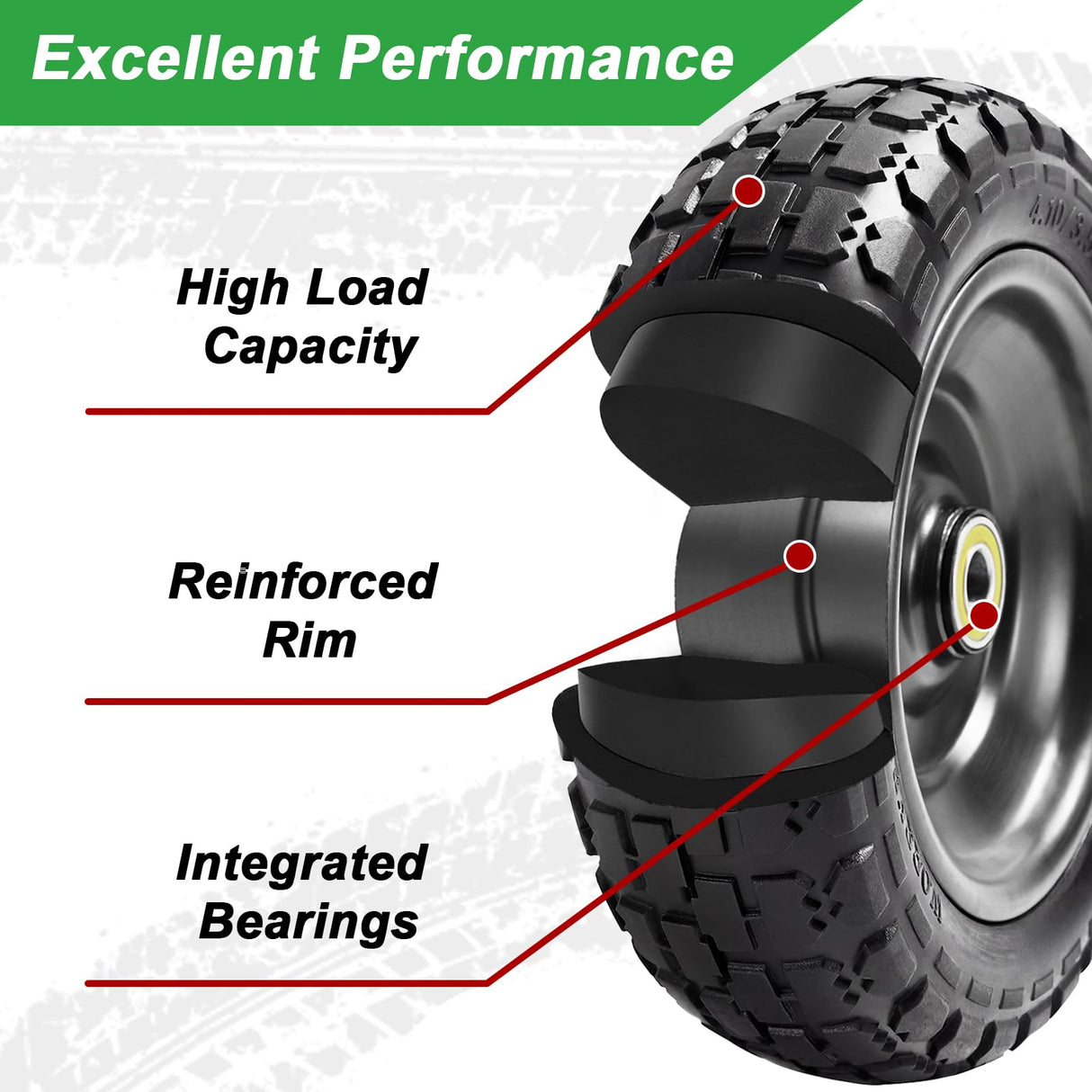 LTNICER 10" Flat Free Replacement Wheels for Gorilla Carts (2-Pack), 4.10/3.50-4 Solid Tires with 5/8" Axle Bore & 2.1" Offset Hub, Heavy Duty No-Flat Wheels for Garden Carts, Hand Trucks & Wagons