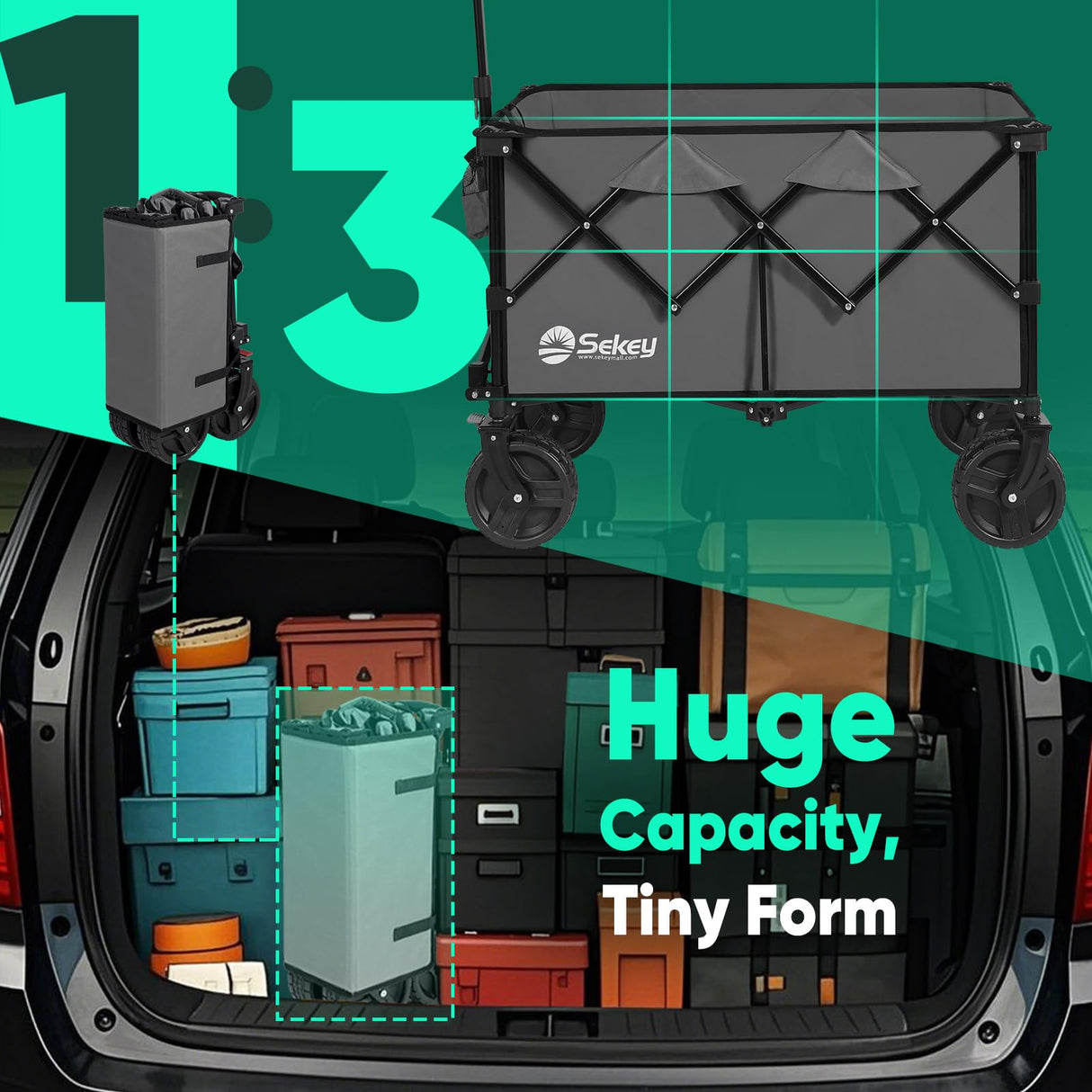 Sekey 220L Wagons Carts Foldable with Big All-Terrian Beach Wheels, Collapsible Heavy DutyWagon with Cup Holders, Extra Large Folding Wagon,Foldable Wagon for Camping, Garden, Sports. Grey