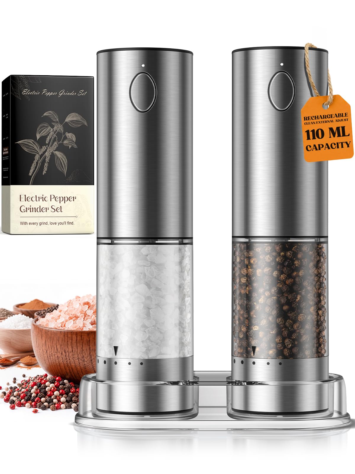 Electric Salt and Pepper Grinder Set, Rechargeable Automatic Salt and Pepper Shaker with 6 Adjustable Coarseness, Large-Capacity Pepper Mill White Elephant Gifts (Rechargeable-Stainless Steel)