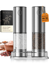 Electric Salt and Pepper Grinder Set, Rechargeable Automatic Salt and Pepper Shaker with 6 Adjustable Coarseness, Large-Capacity Pepper Mill White Elephant Gifts (Rechargeable-Stainless Steel)