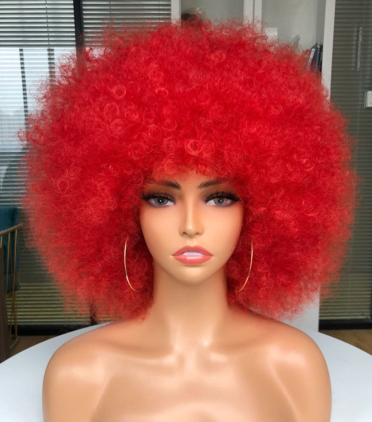 CURLCRAZY 70s Afro Wig with Bangs Short Afro Kinky Curly Wig for Black Women Large Bouncy and Soft Natural Looking Halloween Party Christmas Cosplay Wigs (Red)