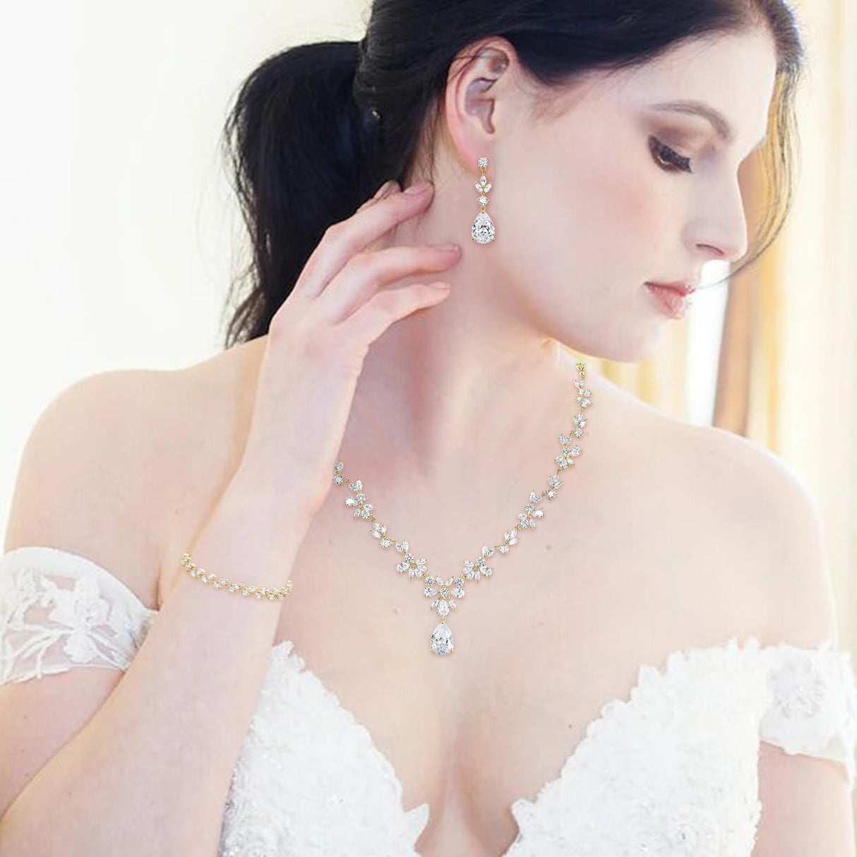 BriLove Gorgeous Cubic Zirconia Wedding Jewelry Set for Women Bride Gold