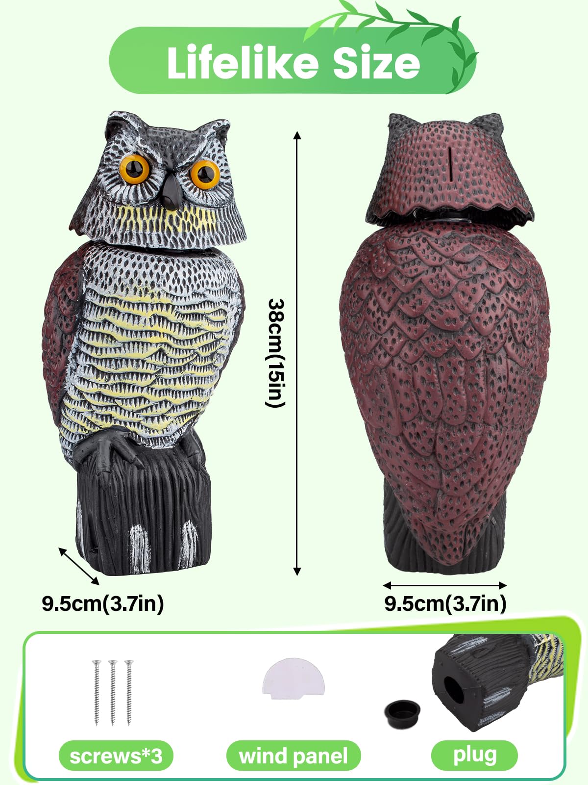 Pestvanish Owl Decoys to Scare Birds Squirrels Away, 360 Rotating Head Activated, Fake Owl Statues Repellent Pest Hawk Squirrel Cats Chickens Pigeon Bird Deterrents for Outside Garden Patios Backyard