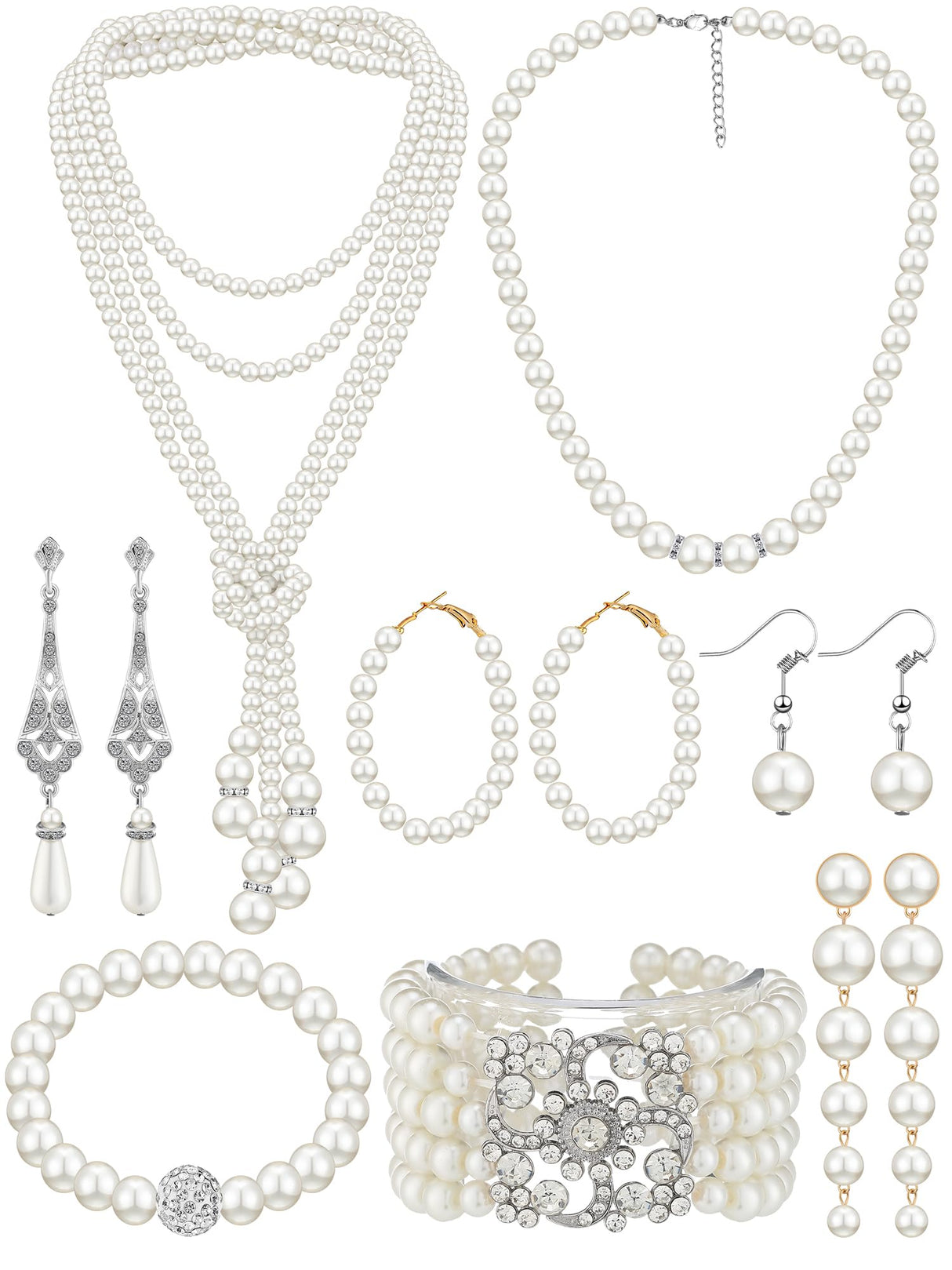 BBTO 8 Pcs Pearl Necklace and Earring Set for Women Faux Pearl Bracelet Costume Jewelry Set for Wedding Bridal Shower Party(Classic Style)