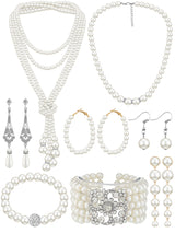 BBTO 8 Pcs Pearl Necklace and Earring Set for Women Faux Pearl Bracelet Costume Jewelry Set for Wedding Bridal Shower Party(Classic Style)
