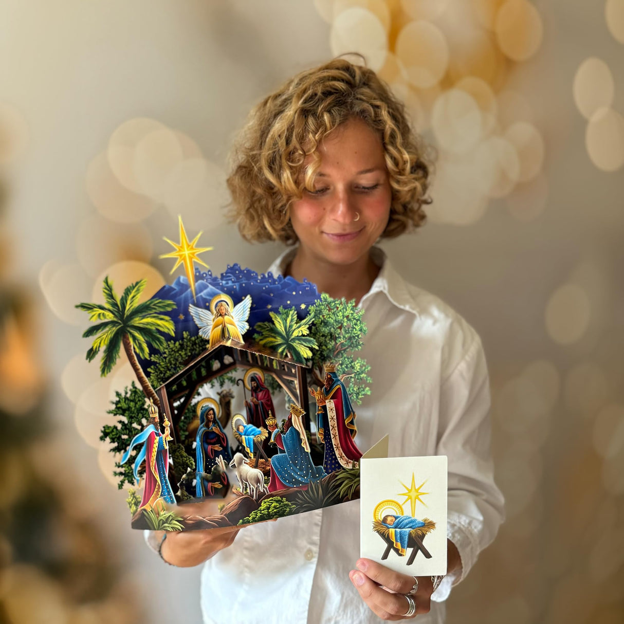 Freshcut Paper Pop Up Cards, 15 Inch Starlit Nativity, Pop Up 3D Greeting Cards, Paper Nativity Scene Decoration, Christmas Card, Holiday Card, Blank Notecard & Envelope