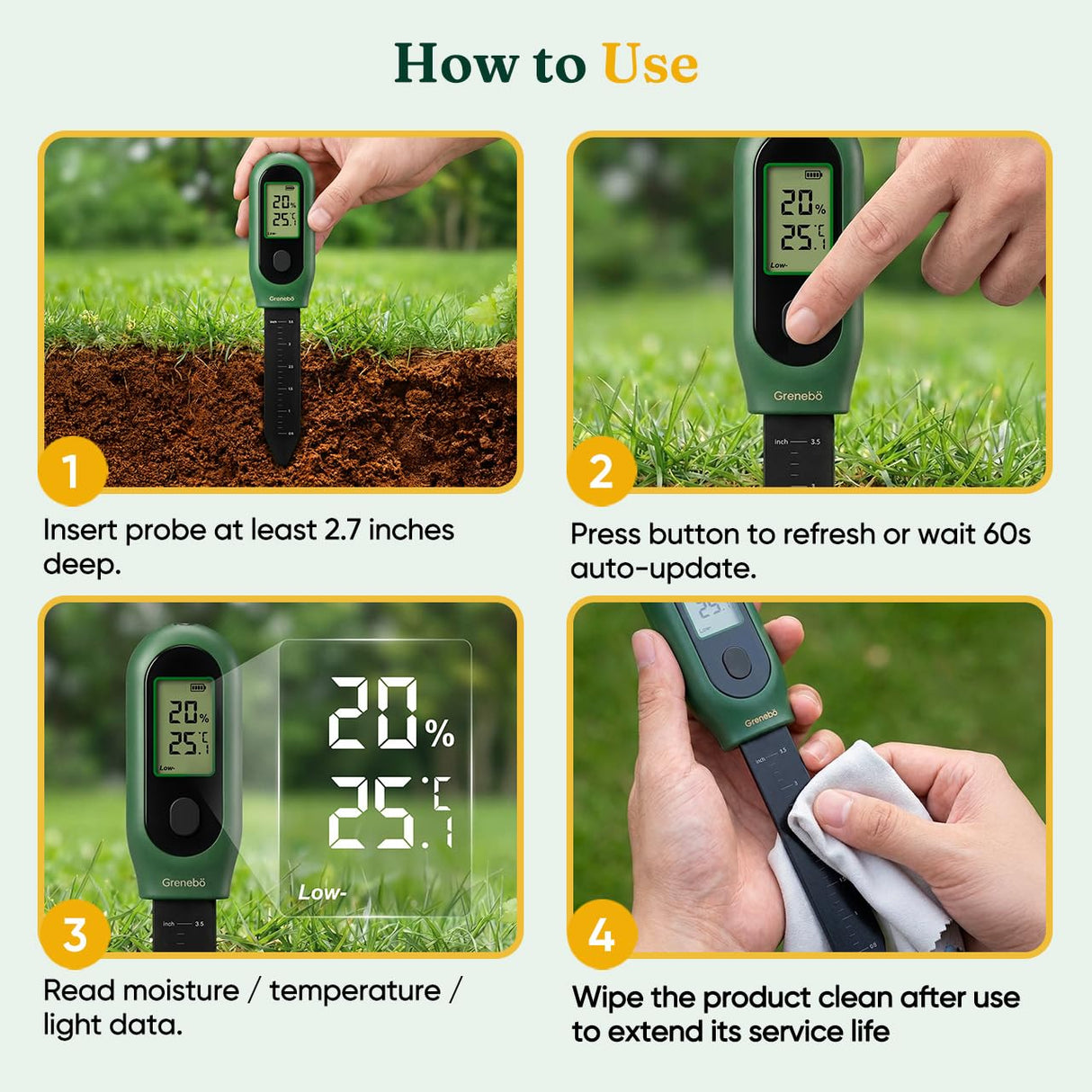 Grenebo 3-in-1 Soil Moisture Meter, Digital Plant Water Meter, Temperature & Sunlight Intensity Sensor, LCD Display Soil Tester for Gardening, Farming, Plant Care, Indoor & Outdoor Plants, 2 Pack