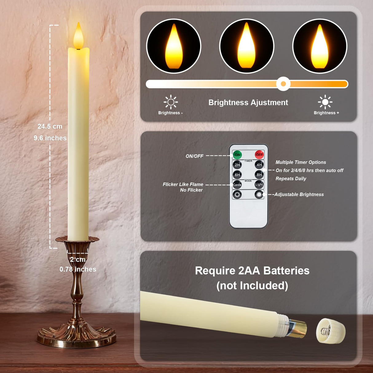 Meigic 12 Pcs Flameless Taper Candles with Remote Timer Dimmer, 9.6 inches Ivory Plastic LED Candlesticks, Battery Operated Led Warm Light Window Candles, for Wedding Home Christmas Decoration