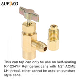 R1234YF Self-Sealing Can Tap with R134A Tank Adapter, 1/2’’ to 1/4’’ SAE Refrigerant Can Bottle Tap Opener with 1/4’’ SAE Female and 1/2’’ Male Adapter