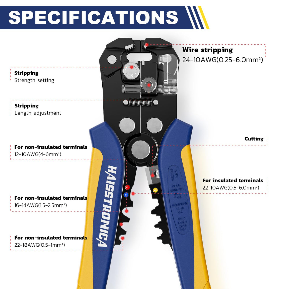 haisstronica Self-Adjusting Wire Stripper, 3 in 1 Stripper/Cutter/Crimping Heavy Duty Automatic Electrical Wire Strippers for 10-24 AWG