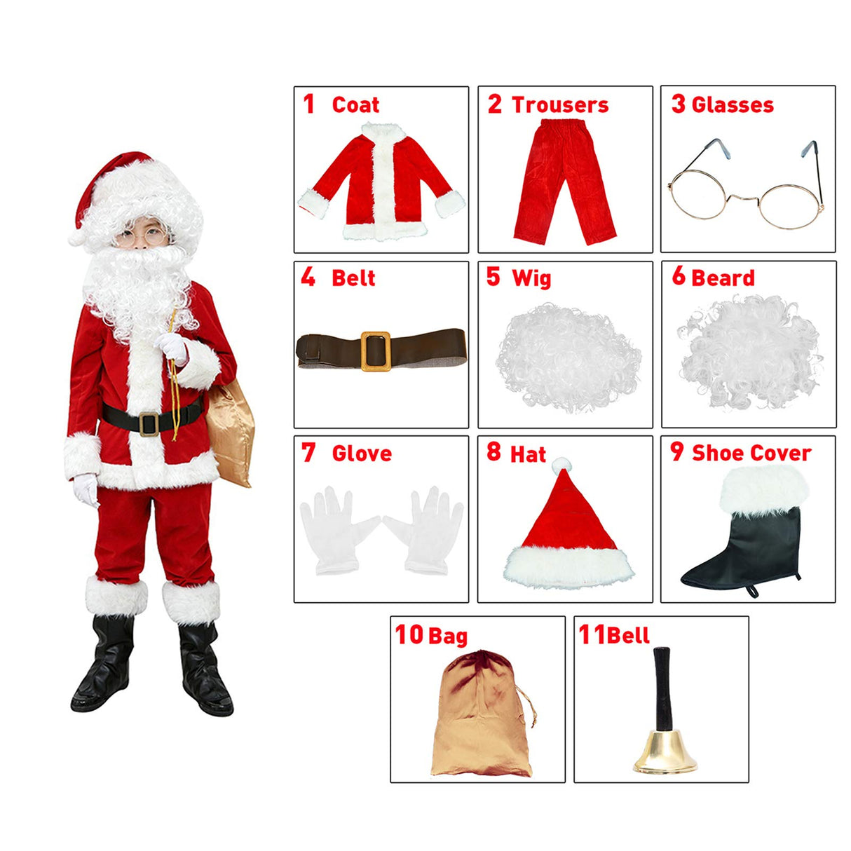 ELFJOY Children's Santa Suit Kids Christmas Halloween Costume Cosplay Set of 11 Pcs (Small)