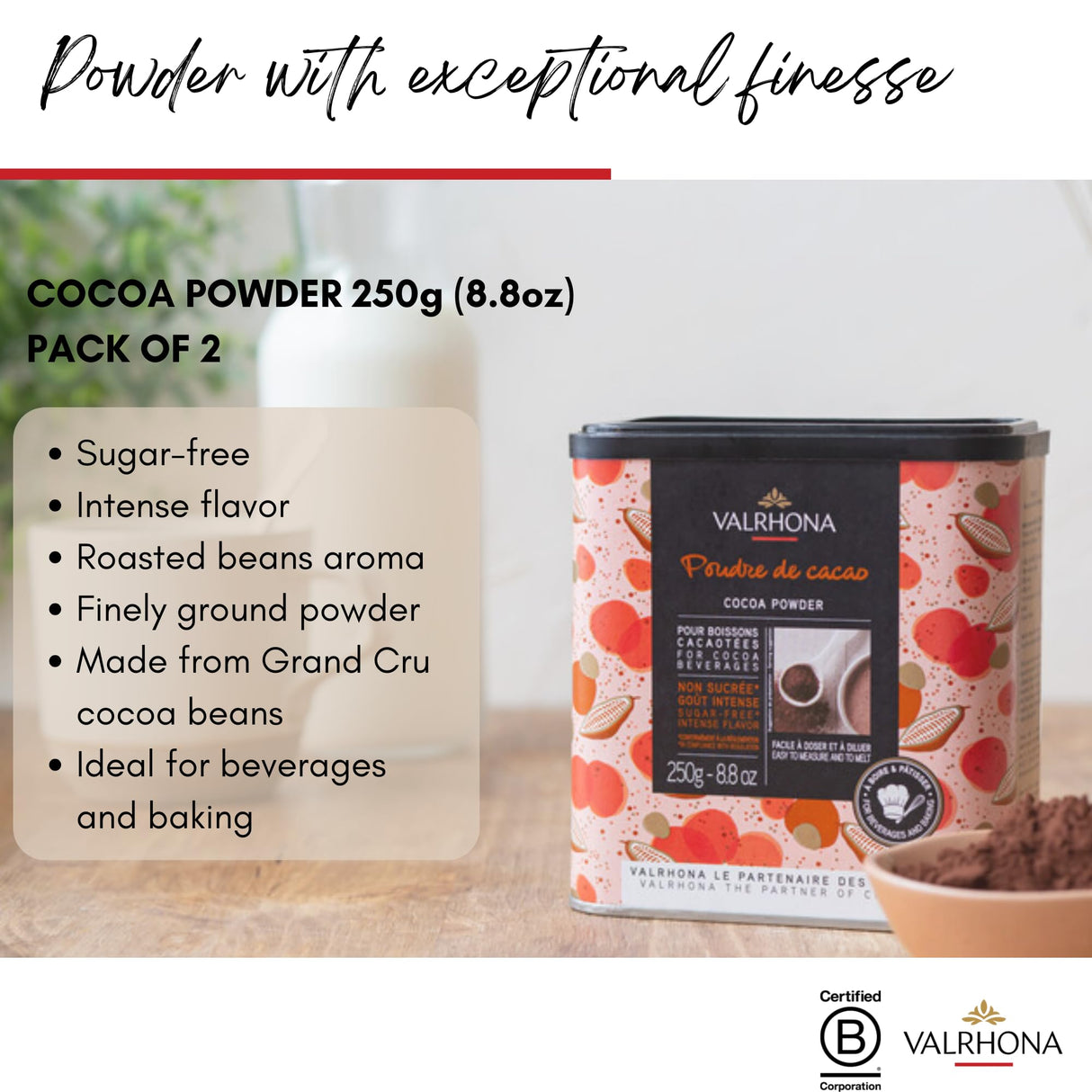 Valrhona Dark French Cocoa Powder. Chef’s Choice Cocoa Powder. Warm, Red Color, Pure, Dark, Intense Flavor. Poudre de Cacao. Great for Desserts and Hot Chocolate. Kosher. 250g (Pack of 2)