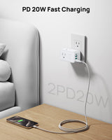 TROND Outlet Extender with 2 PD 20W USB C Charger, 3 AC Multi Plug Outlet Splitter with 360 Rotating Plug, USB Wall Socket Adapter, A Small Charging Station for Kitchen Bathroom Cruise Essentials