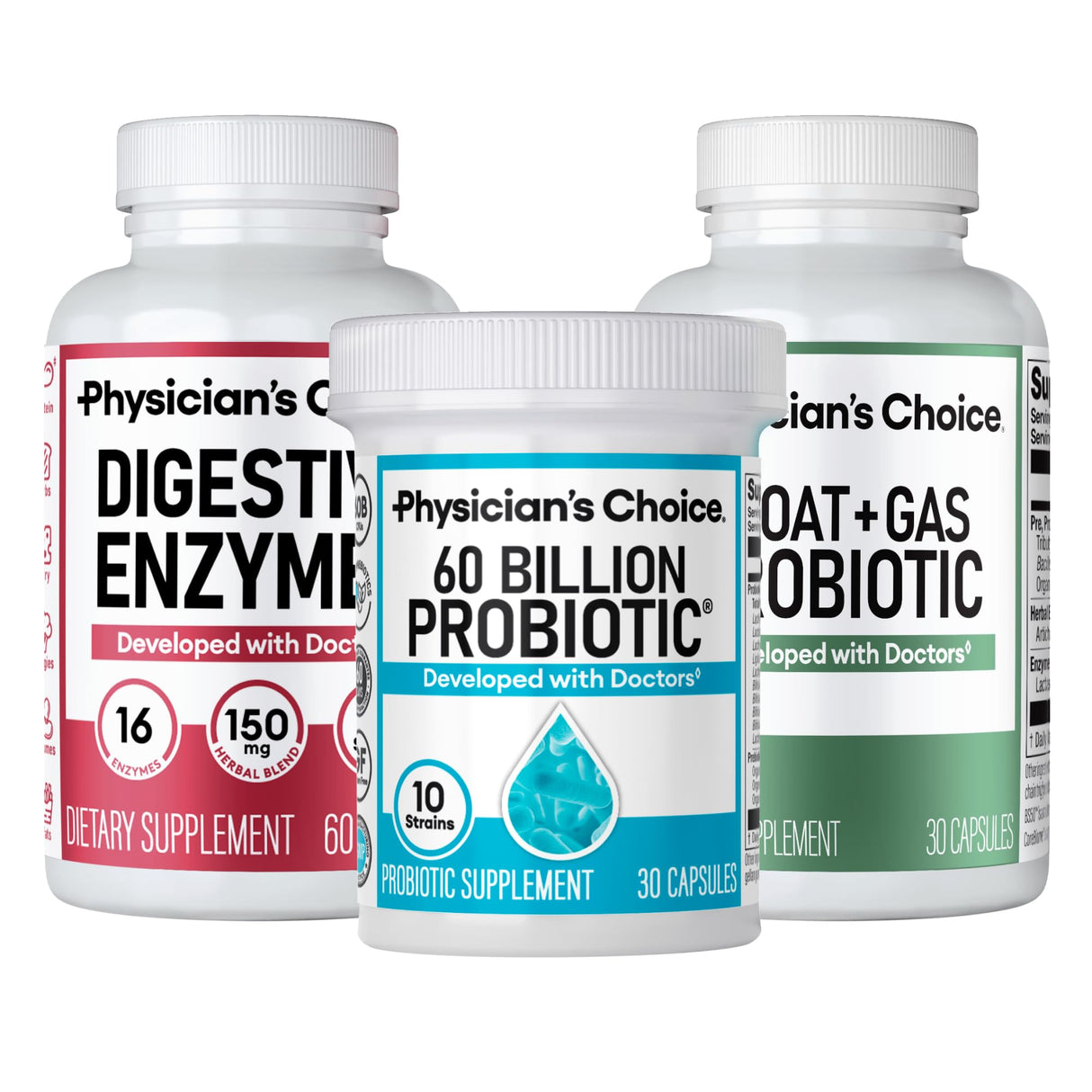 Physician's CHOICE 60 Billion Probiotic 30ct + Bloat & Gas Probiotic 30ct + Digestive Enzymes 60ct - Gut Guardian Bundle