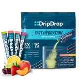 DripDrop Hydration Packets - Sunburst Variety Pack - Single Serve Electrolytes Powder Drink Mix - Lemon Lime, Strawberry, Peach, Black Cherry - Non-GMO, Gluten Free, Vegan - 32 Sticks