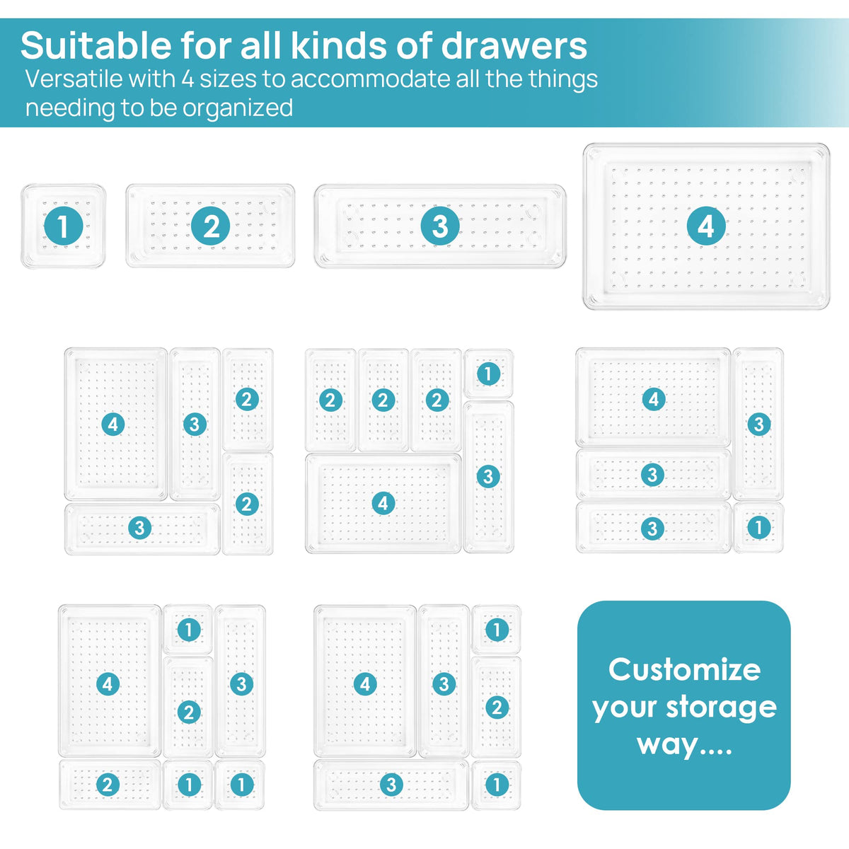 Vtopmart 25 Pack Clear Plastic Drawer Organizers with Non-slip Rubber Pads