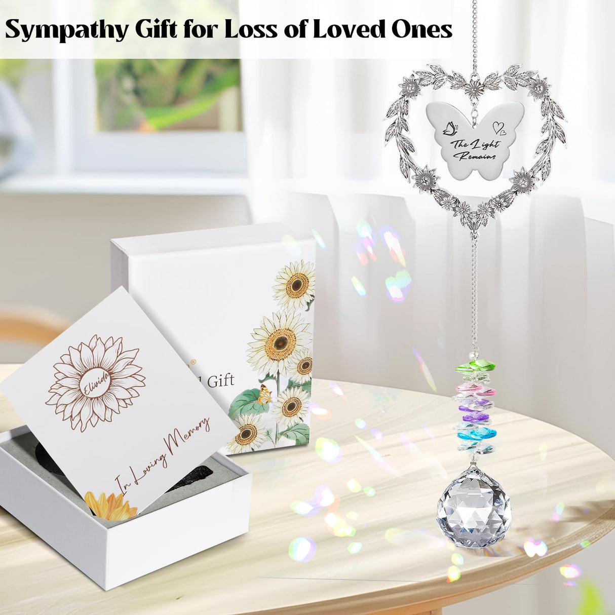 Elivida Sympathy Gift for Lose of Loved Ones, Grief Memorial Suncatcher Ornament for Loss of Mom Dad, Bereavement Crystal Rainbow Maker, Unique Heart Shaped Hanging Decorations for Daily Remembrance