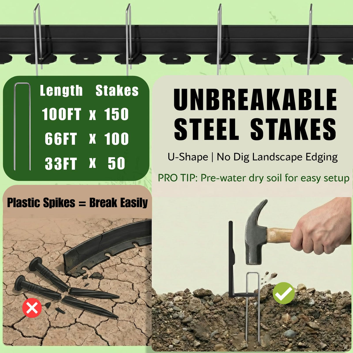 Bluepro Landscape Edging, 2 Inch 100 ft Garden Border Edging Upgraded with 150 Steel Stakes (Strong) & Reinforced Design - Durable Plastic Garden Border for Flower Beds, Lawn & Yard