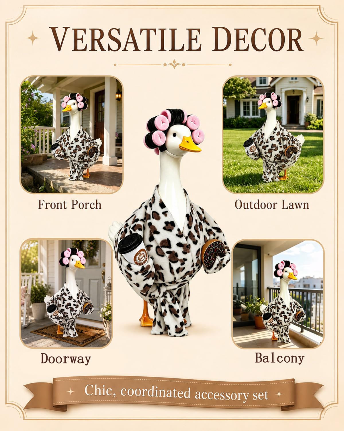 GSPIM Leopard Print Robe Porch Goose Outfits for 23" Goose Statue Funny Retro Home Patio Decor with Hair Curlers Bath Robe Waist Belt Coffee Cup Donut (Leopard Print Bathrobe)