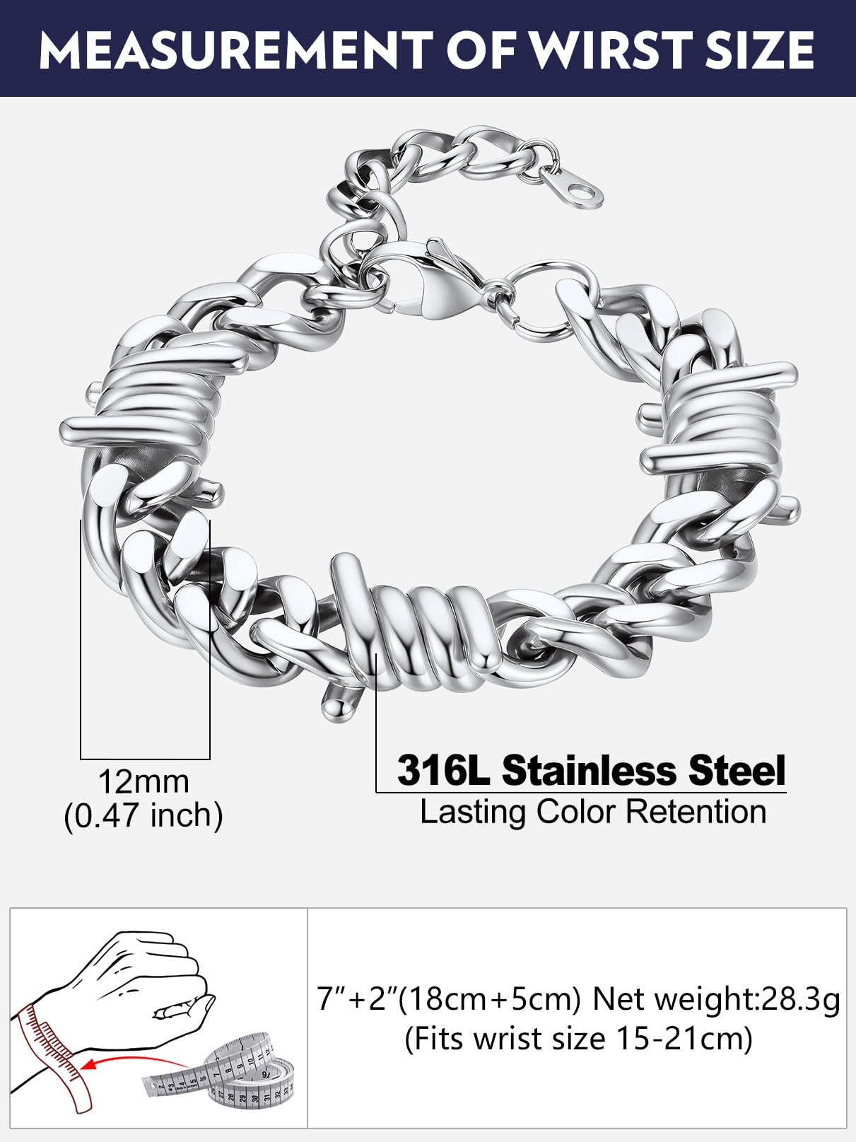 Bandmax 12MM Chunky Cuban Chain Bracelet for Men Stainless Steel Punk Emo Style Barbed Wire Bracelets Thorn Wristlet Adjustable Gift for Son Grandson Husband
