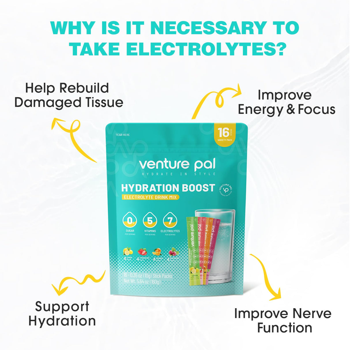 Venture Pal Sugar Free Electrolyte Powder Packets - Liquid Daily IV Drink Mix for Rapid Hydration & Party Recovery | 5 Vitamins & 7 Electrolytes| Keto Friendly | Non-GMO | Certified Vegan | 16 Sticks