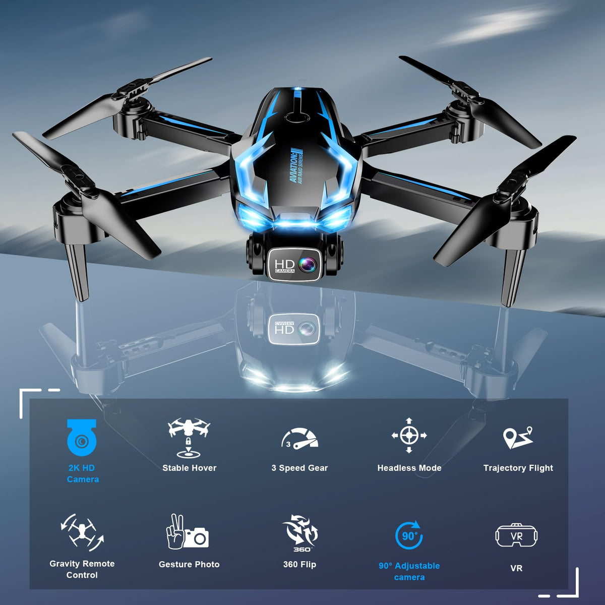 2K HD FPV Drone with Camera for Adults - Altitude Hold, One-Key Takeoff/Landing, 3 Speed Modes, Headless Mode, 2 Batteries, Foldable & Portable, Best Gifts for Beginners, Teen Boys & Girls