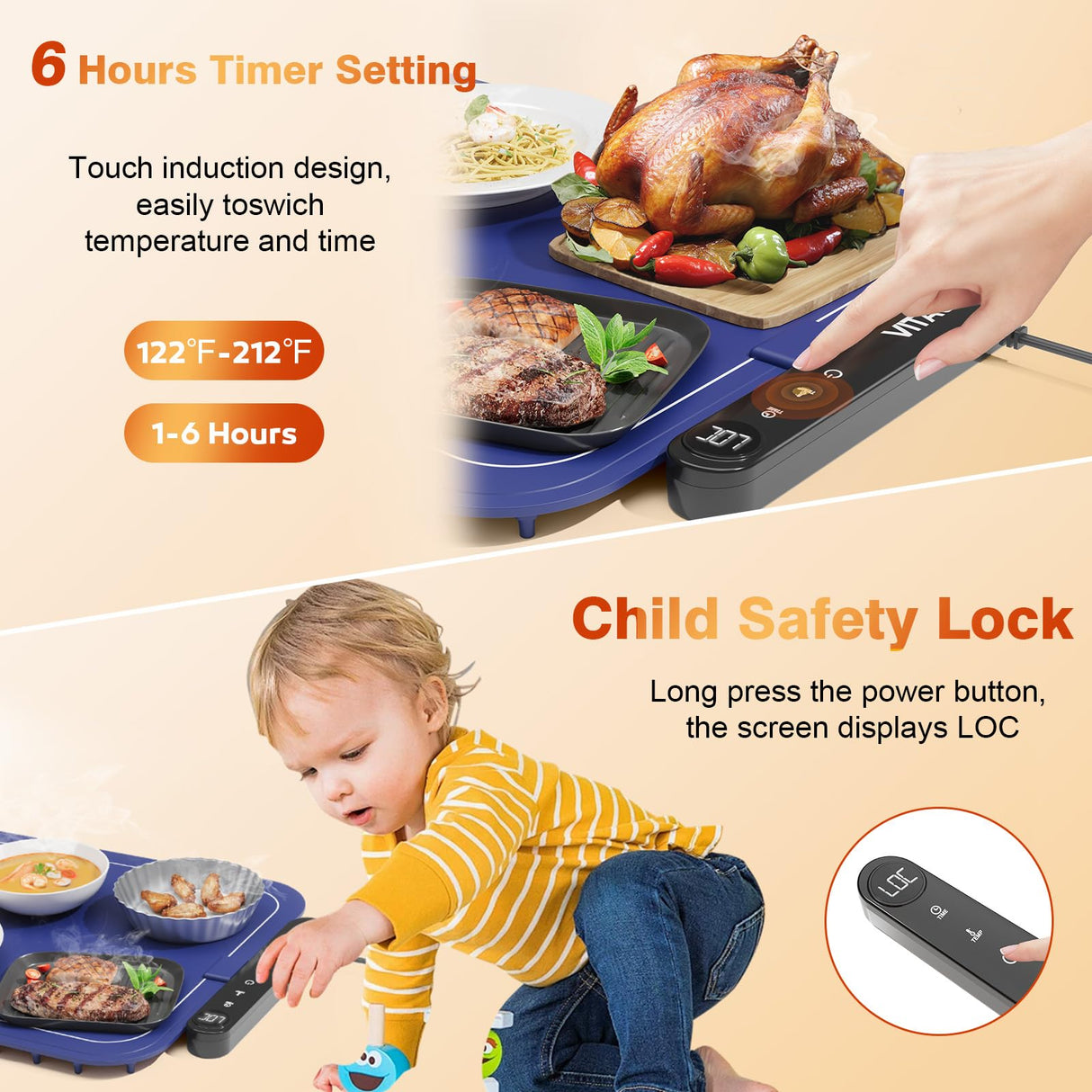 Vitaler Warming Mat for Food, (XXL 35”x16”) Electric Warming Trays, Upgrade Graphene Fast Full-Surface Heating Mat for Food with 6 Level Temp, 6 Hours Timer, Food Warmer Pad with Heat-Insulating Mat