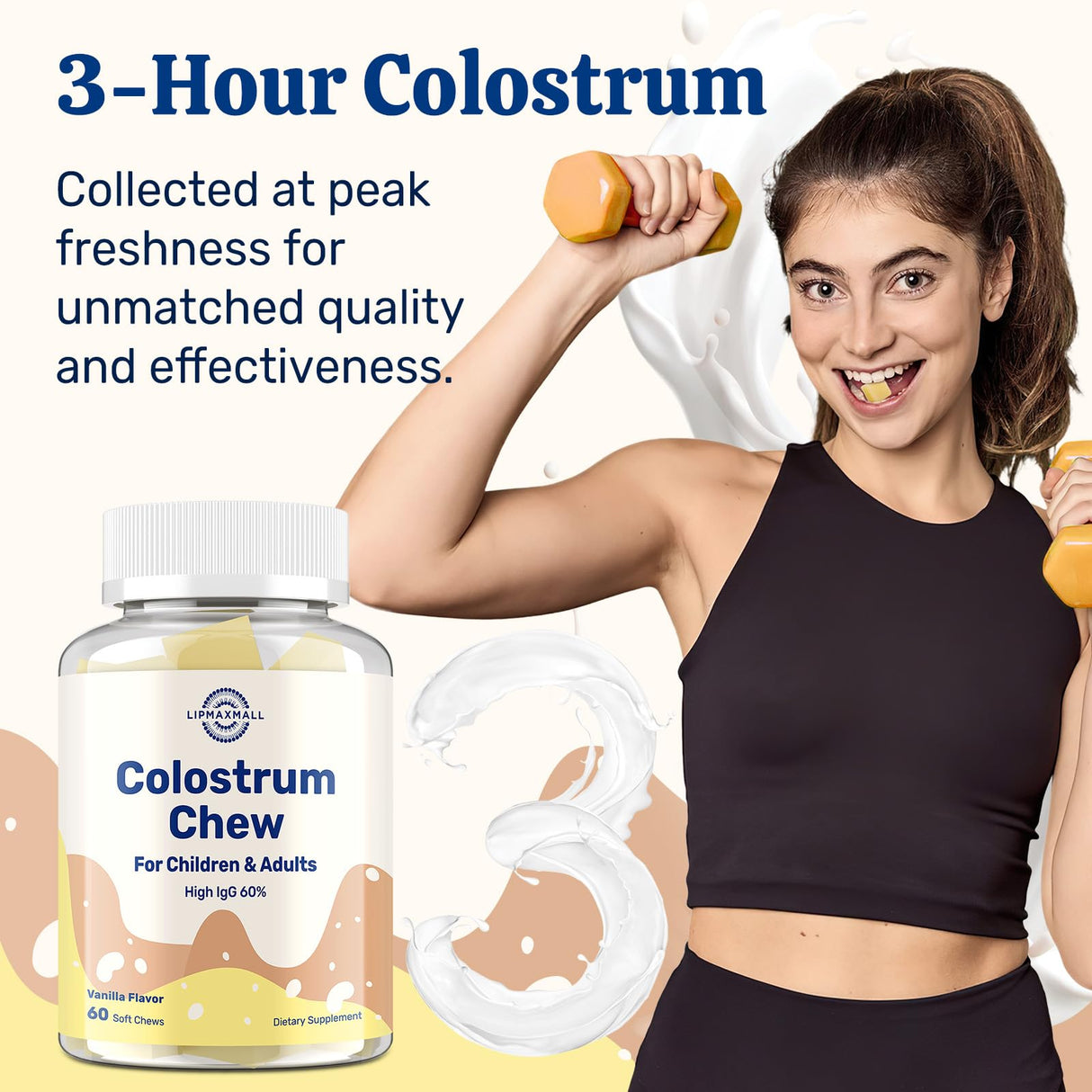 Bovine Colostrum Chews Supplement with 60% IgG for Humans Women Men Kids- for Immune, Gut, Bone, Joint, Cognitive, Overall Growth, from Grass-Fed Cows & Vanilla Flavor, 60 Soft Chews