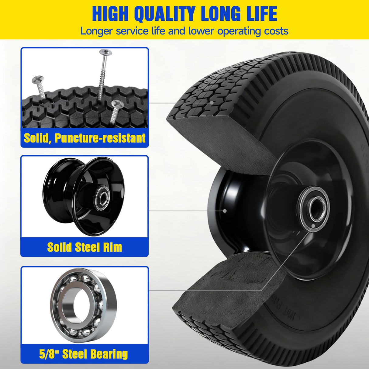 FEILOONG 4.10/3.50-4 Flat Free Tire, 10 Inch Solid Tires and Wheels Replacement with 5/8'' Bearings, 2.2" Offset Hub for Hand Truck, Dolly, Wheelbarrow, Includes Adapter Kit (2 PACK)