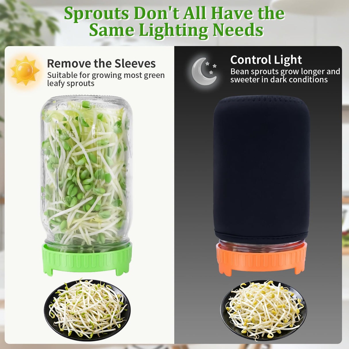 Seed Sprouting Jar Kit with Mung Beans 2.9oz, 2 Large Wide Mouth Mason Jars with Sprouting Lids, Blackout Sleeves, Drain Tray, Sprouts Growing Kit for Growing Bean, Alfalfa, Radish Sprout Seeds