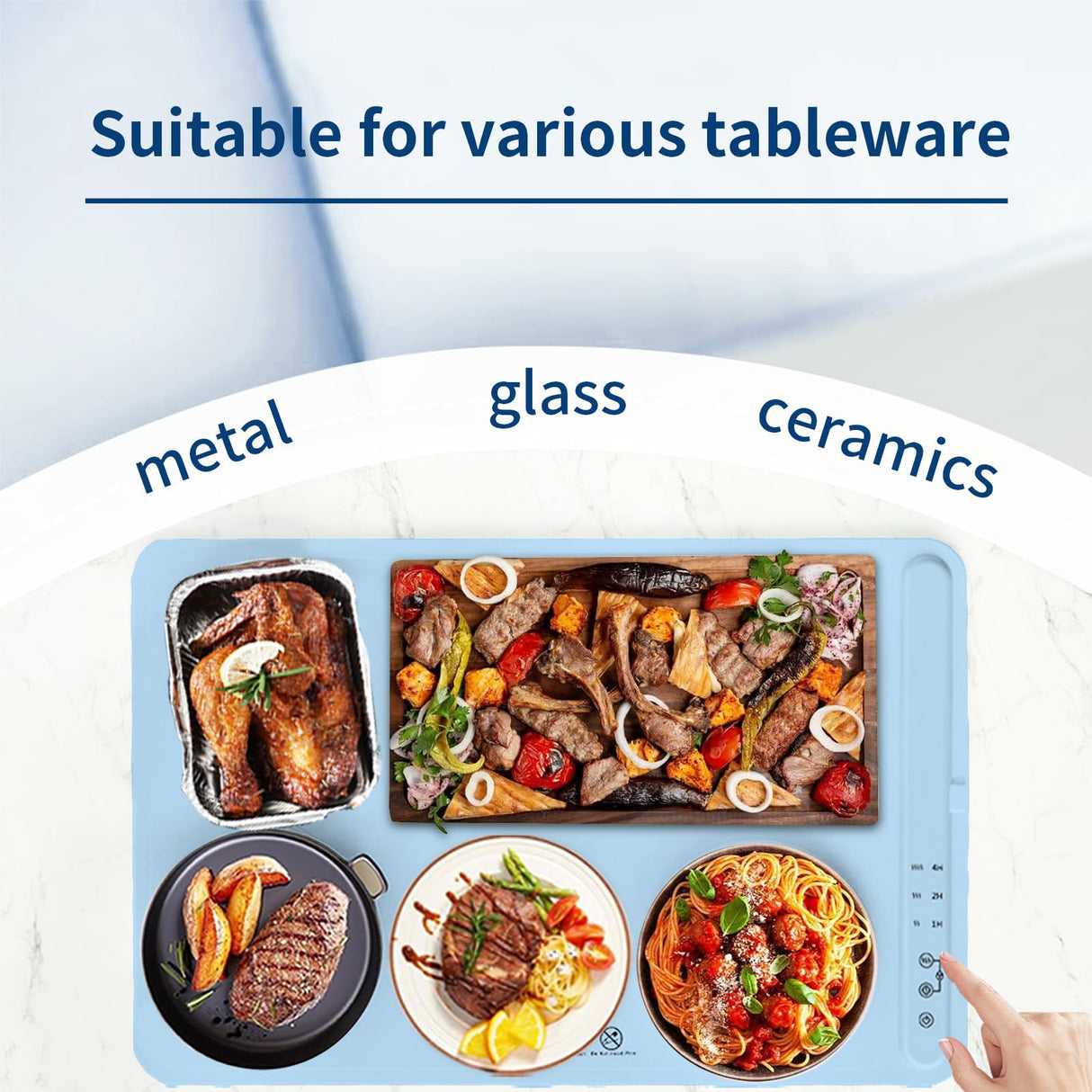 Fast Heating Warming Mat for Food with 3 Temperature and 4 Timer Settings,Waterproof Fexible Silicone Food Heating Mat with UV Coating Easy to Clean and Storage(Blue, 60x40CM)