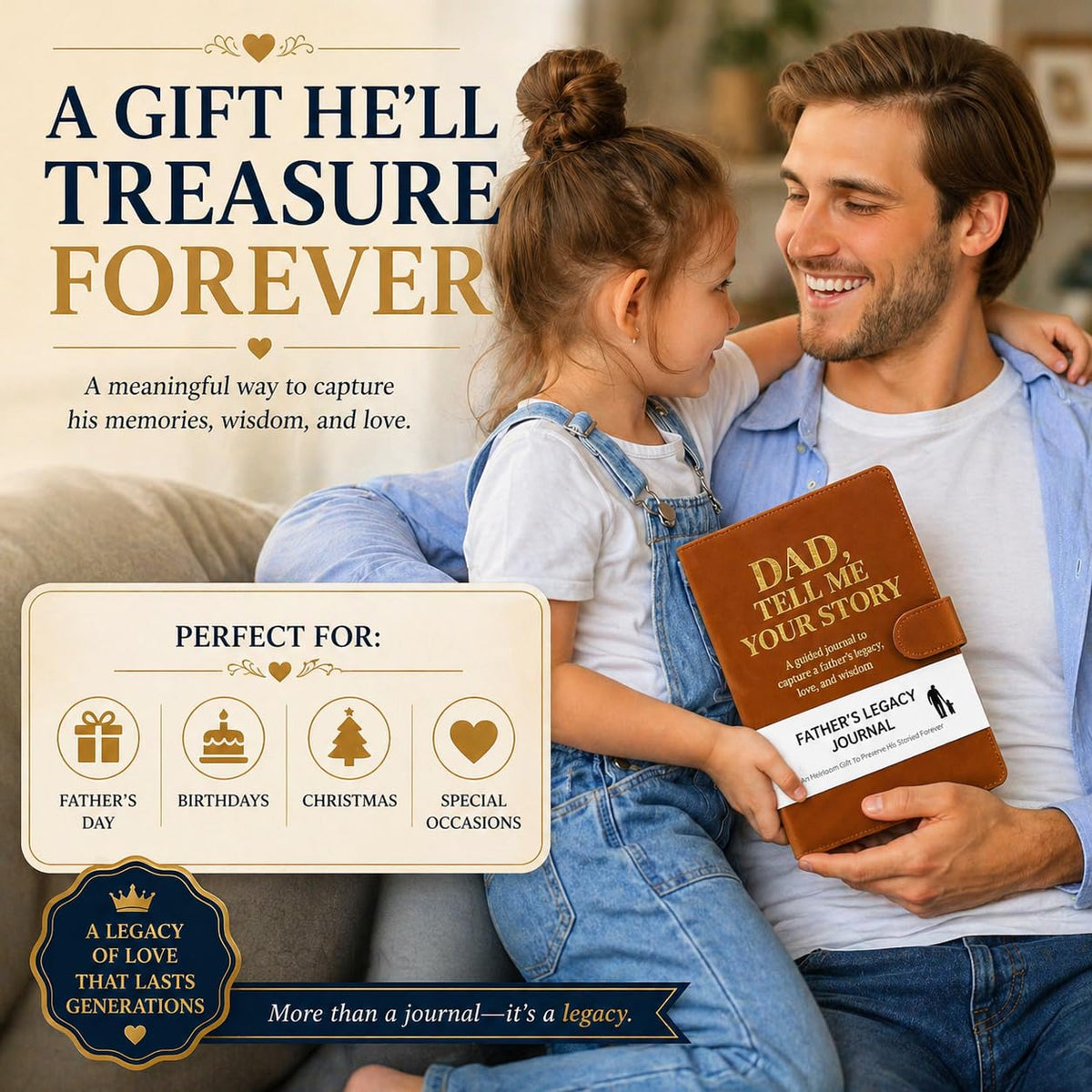 Dad Tell Me Your Life Story Leather Journal (Hardcover) - A Family Heirloom Keepsake with + 275 Prompts to Share His Life Story Book and Memories, Father's Day, Christmas Gift from Daughter & Son