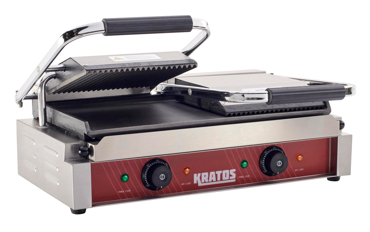 Kratos Commercial Electric Panini Sandwich Grill with Grooved Top and Smooth Bottom Plates, 18.7"x9" Cooking Surface, Commercial Countertop Panini Press, 120V, 3500W (29Y-025)