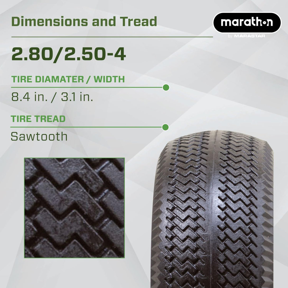 Marathon 00026 Flat Free 2.80/2.50-4 Tire and Wheel Assembly, 3” Centered Hub, 1/2” Ball Bearings, Replacement Tire for Casters, Utility Carts and Other Equipment, Easy Install Assembly
