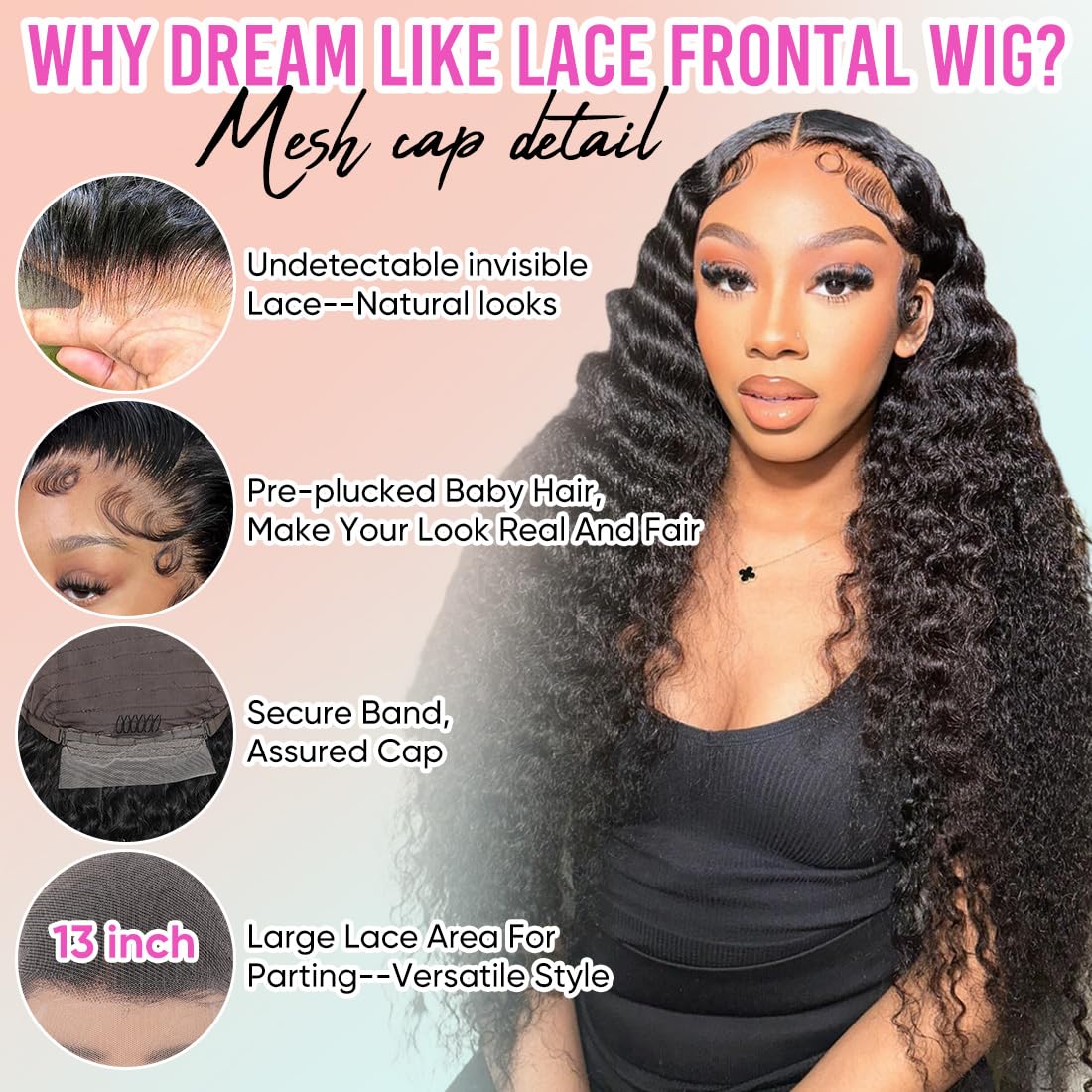 Deep Wave Lace Front Wigs Human Hair 13x4 HD Lace Front Wigs For Women Deep Wave Wig Frontal Wigs for Black Women 180 Density Curly Wave Human Hair Wig Natural Color 26 Inch
