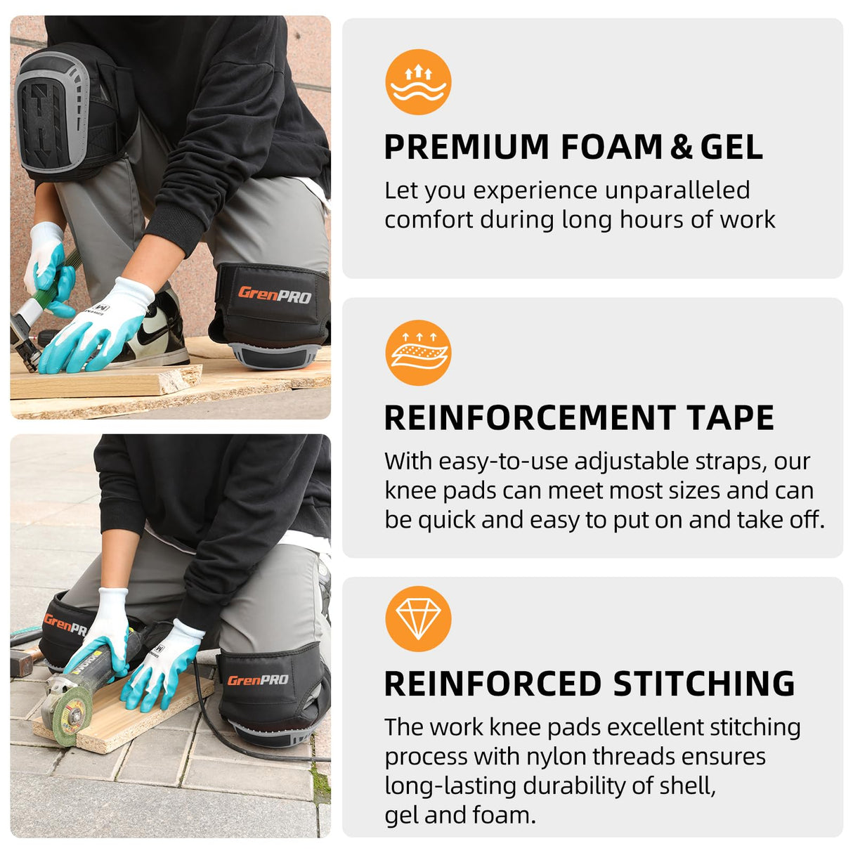 GRENPRO Professional Knee Pads for Work,Heavy Duty Thick Foam Knee Pads Tools, Knee Pad with Soft Gel Cushion for Construction, Work, Flooring, Gardening, Cleaning, Tiling,Gray