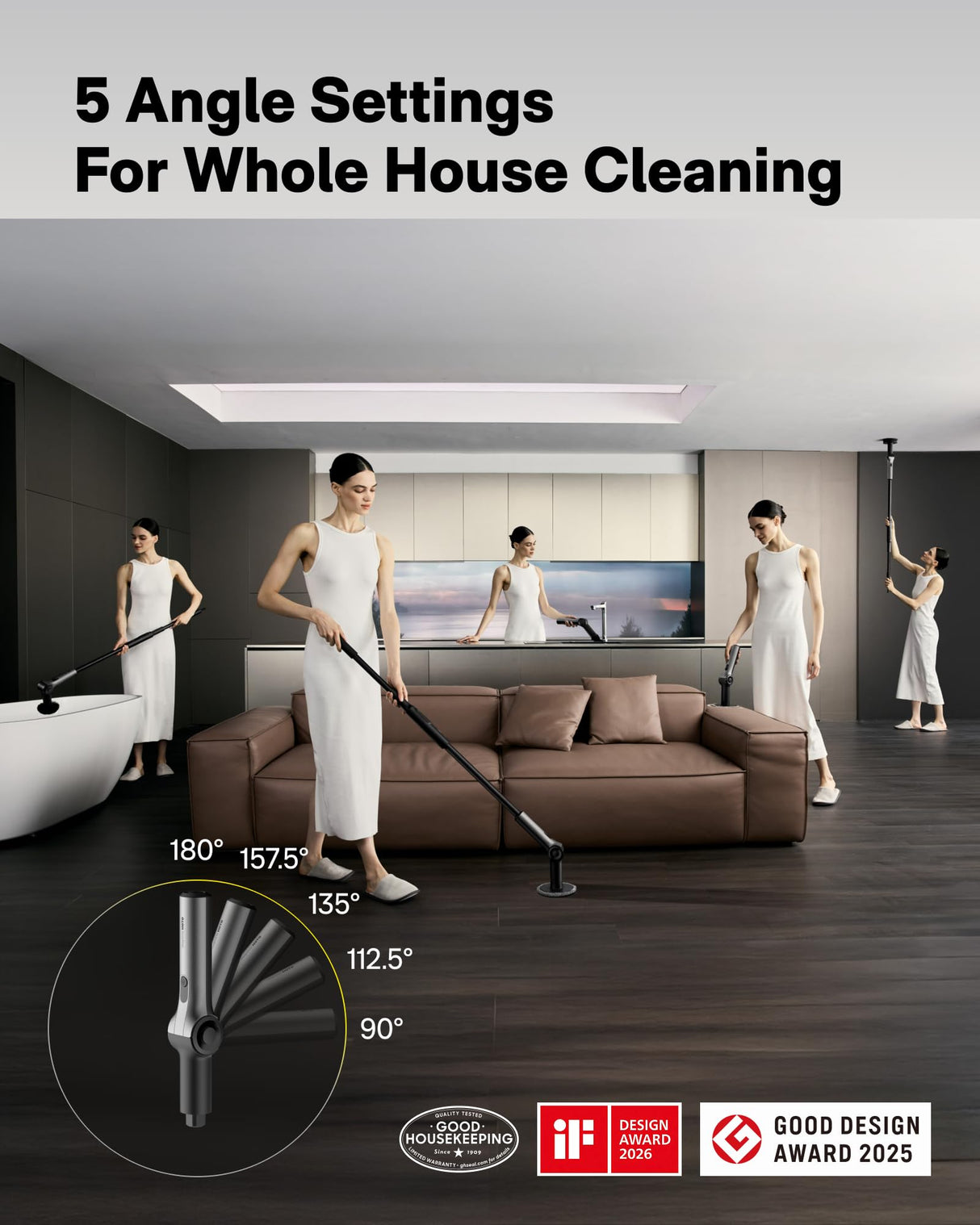HOTO Flexi™ Cordless Electric Spin Scrubber, Adjustable Angle, Extendable Handle, Smart Display, IPX7 Waterproof, Powerful Cleaning Scrubber with 8 Replaceable Brush Heads, for Bathtub, Bathroom, Tile