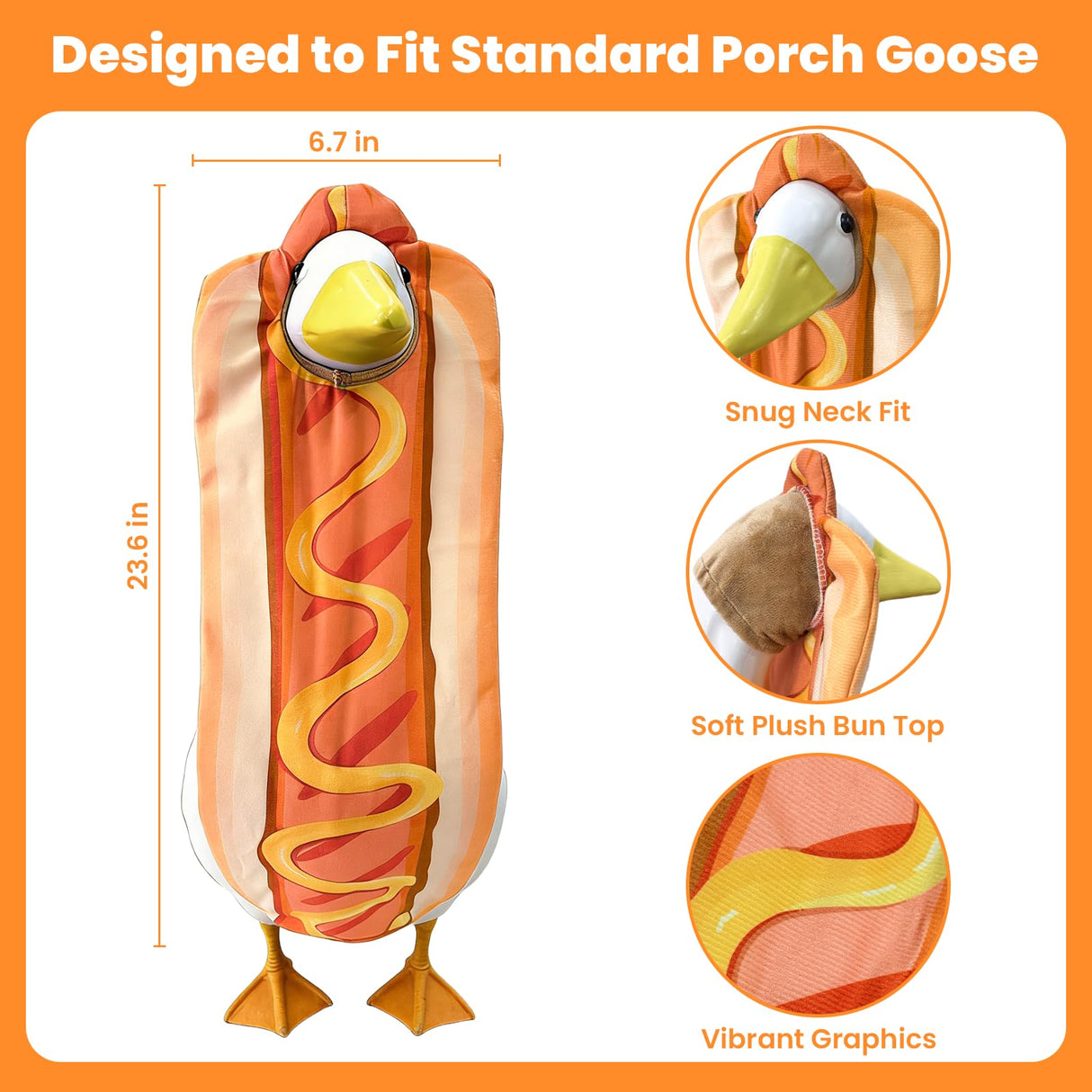 Bifrgmy Hot Dog Goose Outfit, Funny Porch Goose Clothes Costume, Fits 23 Inch Cement Plastic Goose Statue, Perfect for Outdoor Garden Yard Patio Art Decoration(Orange)