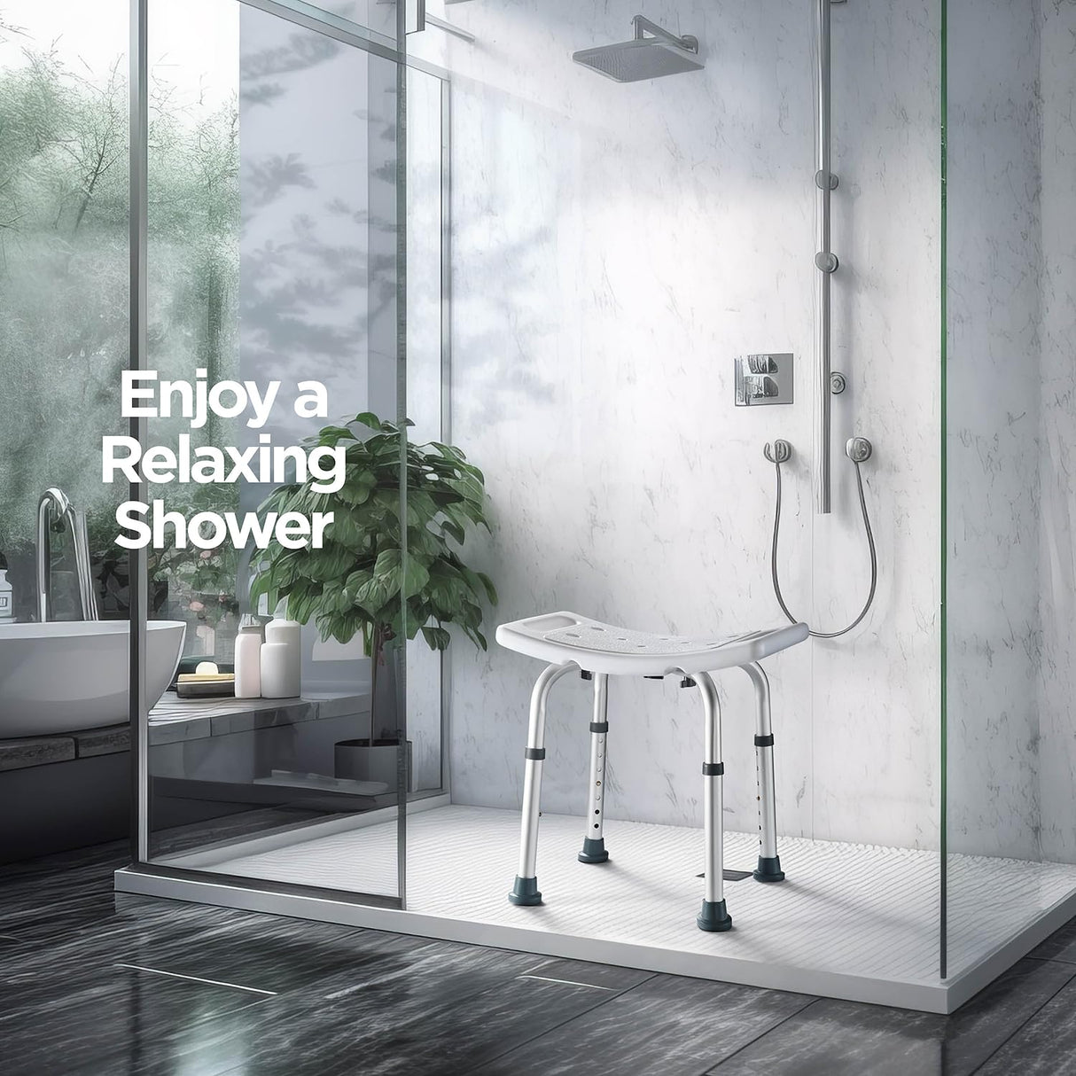 Medical king Shower Chair - with Back Scrubber & Additional Sponge - Tool Free Shower Chair for Elderly - with 8 Adjustable Heights - Portable Anti Slip Bath Chair for Elderly