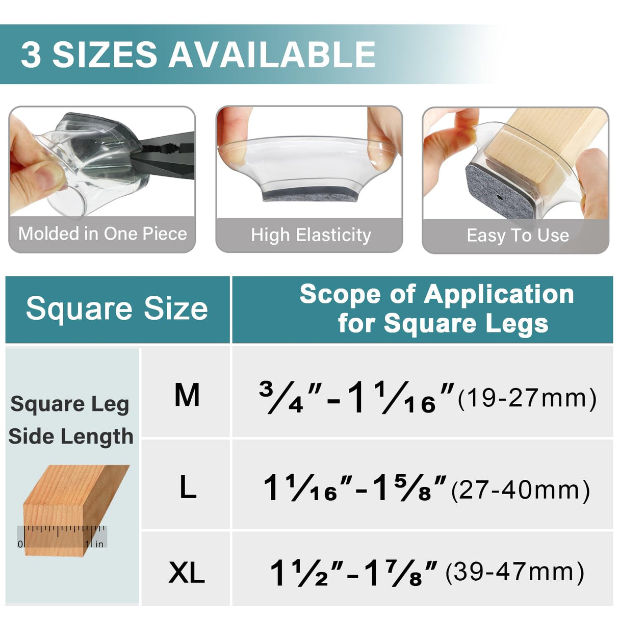 Ansible 24 Pcs Chair Leg Floor Protectors Square, Silicone Felt Furniture Leg Pads Caps Covers for Hardwood Floors (Fit:1-1/16" to 1-5/8")