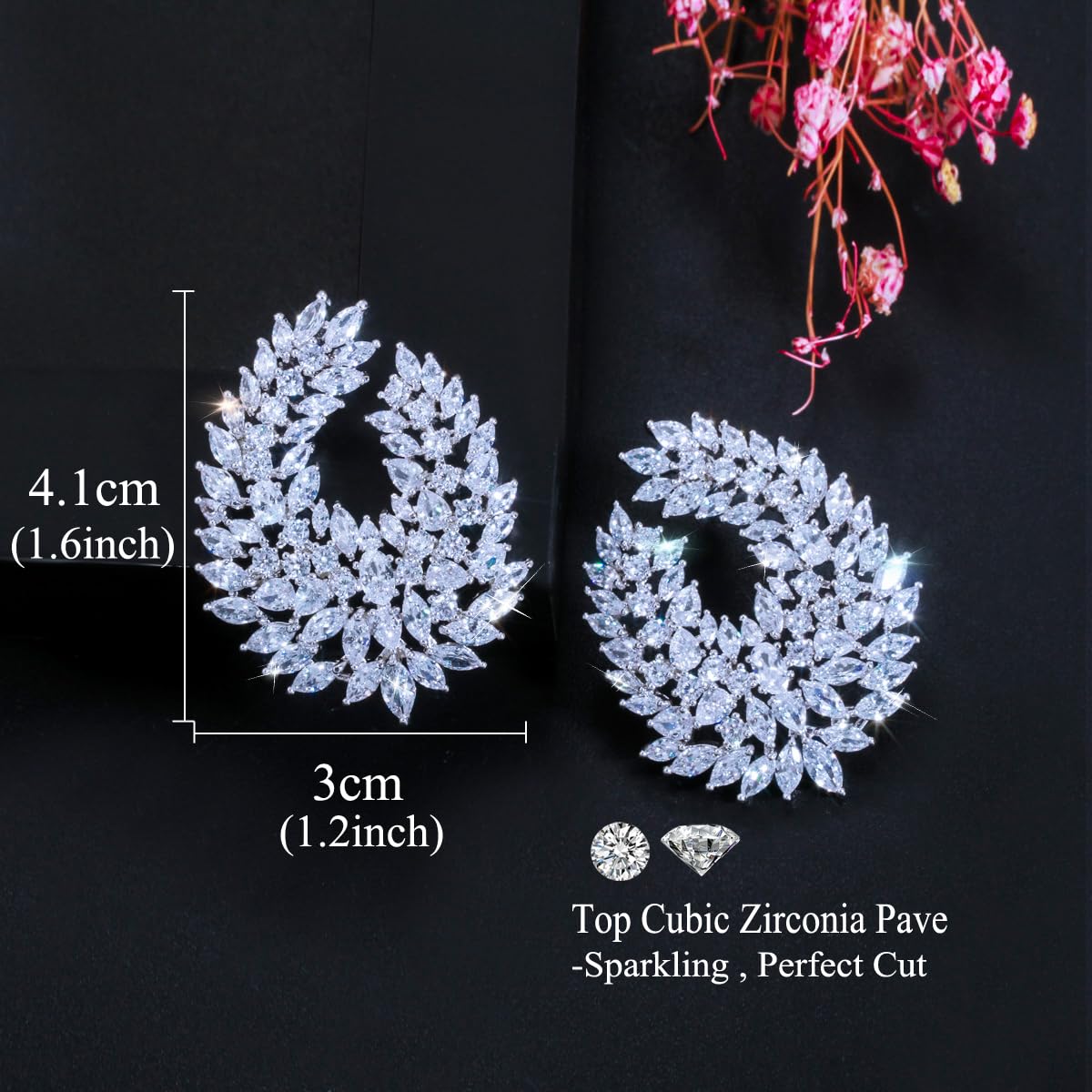 CWWZircons Luxury Cubic Zirconia Dangle Drop Big Earrings, Silver Plated, Clear Crystal Leaf Design, Wedding Bridal Party Statement Jewelry
