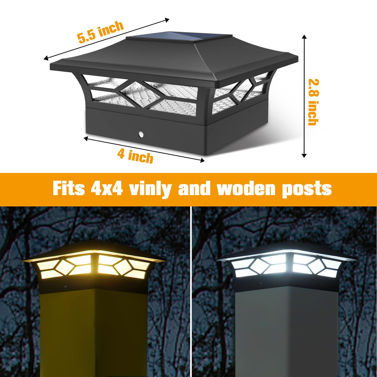 Solar Post Cap Lights Outdoor 8pack, Waterproof Solar Powered Deck Fence Post Lights for 4x4 Wood/Vinyl Posts, Solar Outdoor LED Light with Cool/Warm Lighting (Black, 8pack)